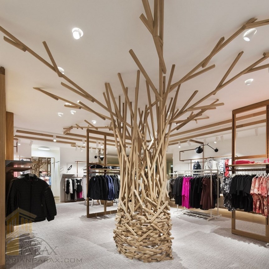 طراحی داخلی فروشگاه پوشاک با چوب