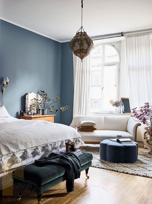 ترکیب رنگ اتاق خواب آبی سفید