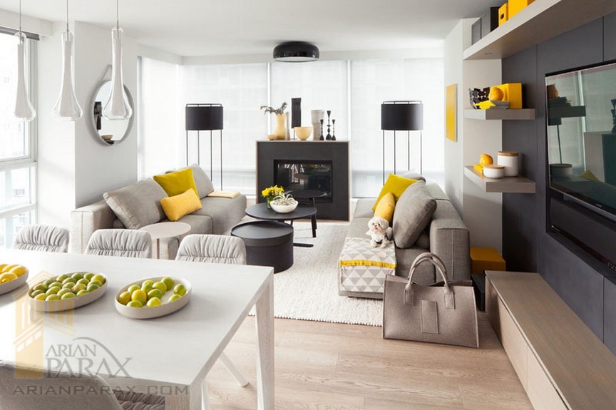 دیزاین منزل با رنگ های زرد و طوسی