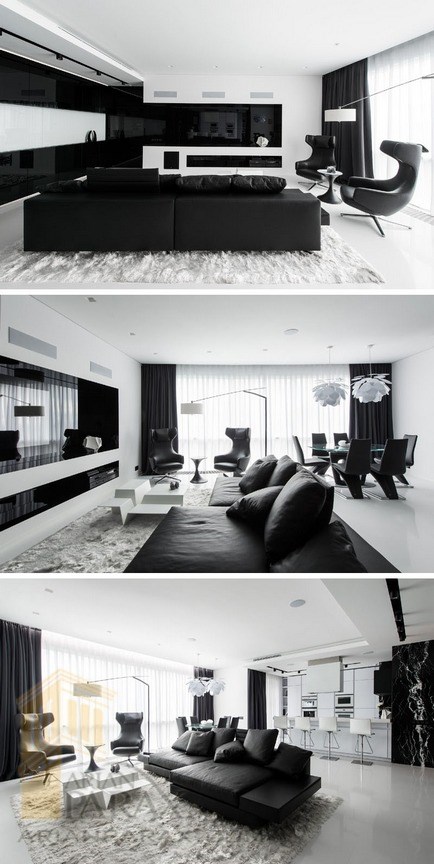 طراحی آپارتمان با دکوراسیون سیاه و سفید