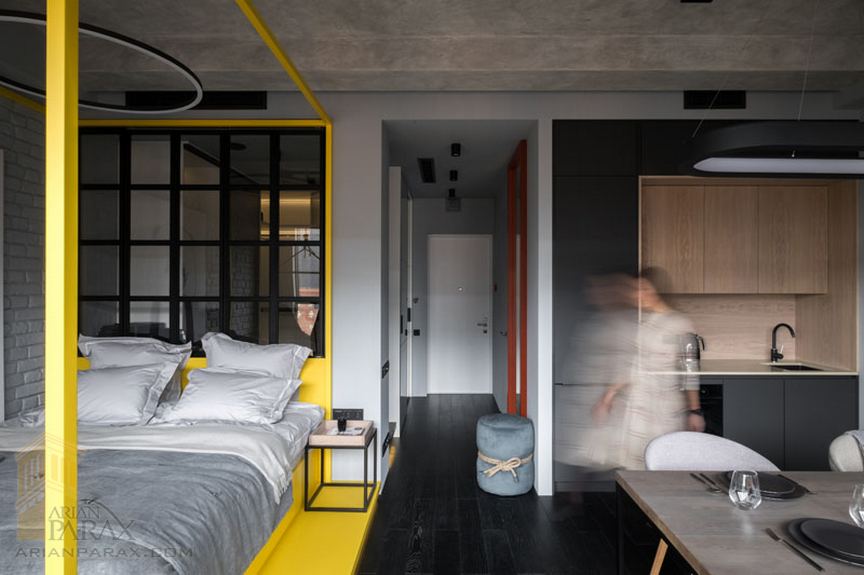 طراحی آپارتمان با رنگ طوسی زرد