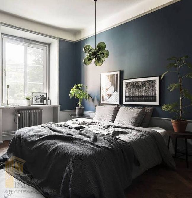 دیزاین اتاق خواب با رنگ طوسی آبی