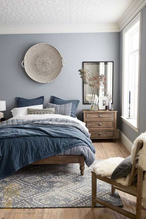 دیزاین اتاق خواب با رنگ طوسی آبی