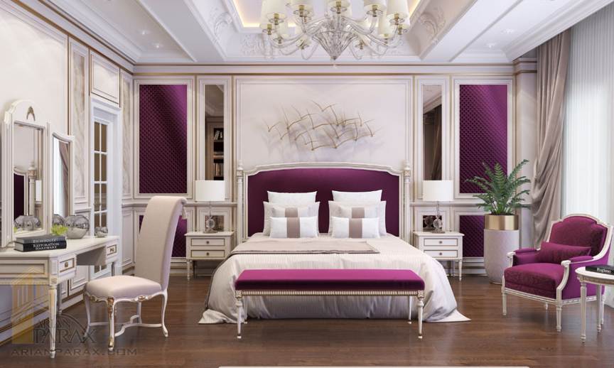 دیزاین اتاق خواب با رنگ بنفش