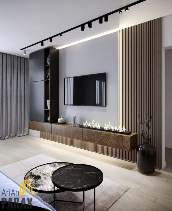 طراحی مدرن دیوار پشت تلویزیون با چوب