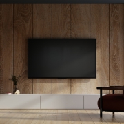 Tv,And,Cabinet,In,Modern,Living,Room,With,Decoration,On دیوار پشت تلویزیون با چوب