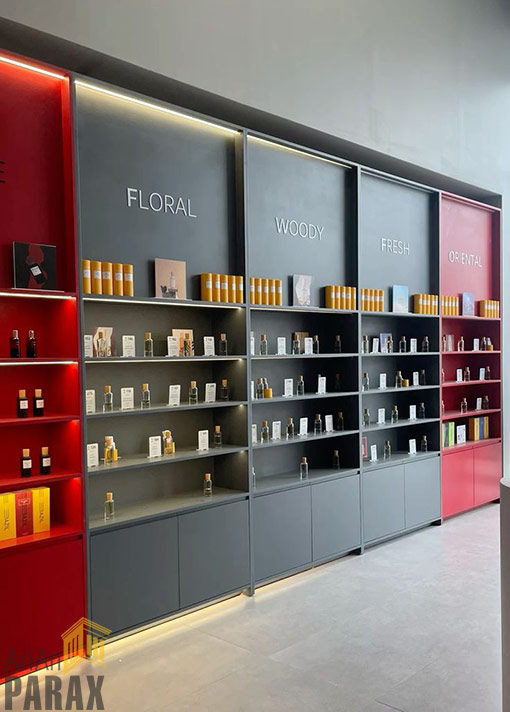 طراحی عطر فروشی مشکی قرمز